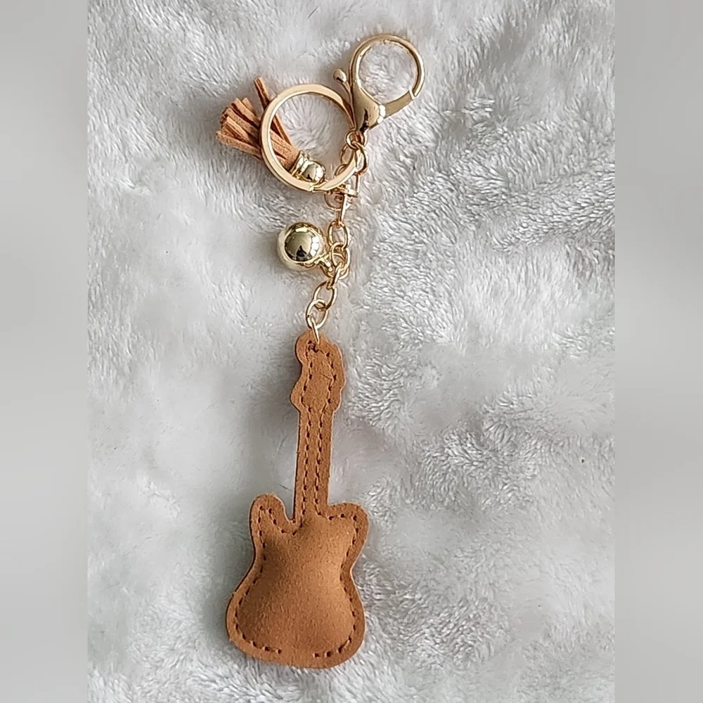 Guitar Keychain with Rhinestones and Gold Accents Bag Charm
